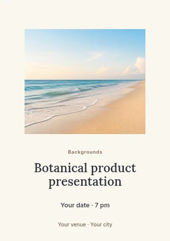 Calm ocean beach with clear sky in Botanical product presentation flyer template