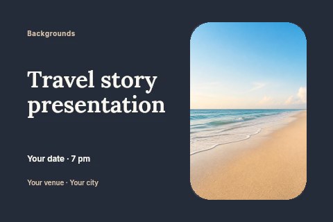 Calm ocean beach with clear sky in Travel story presentation postcard template