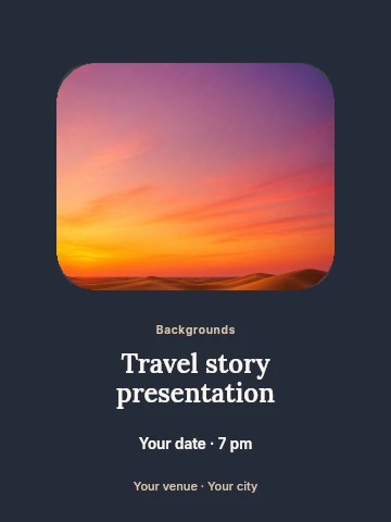Sunset over desert sand dunes in Travel story presentation invitation template
