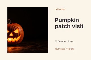 Glowing Jack-o’-lantern Halloween pumpkin in Pumpkin patch visit · Horizontal photo dialogue