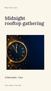 Gold clock striking midnight with confetti in Midnight rooftop gathering · Modern programme