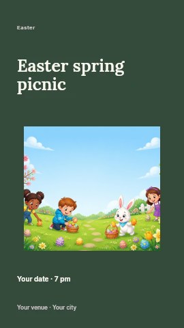 Children and bunny collecting Easter eggs in Easter spring picnic instagram story template