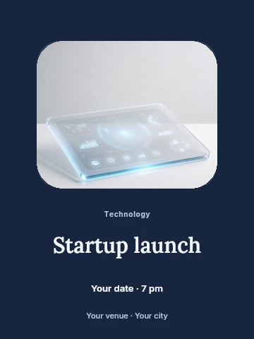 Futuristic transparent tablet with holographic display in Startup launch poster template