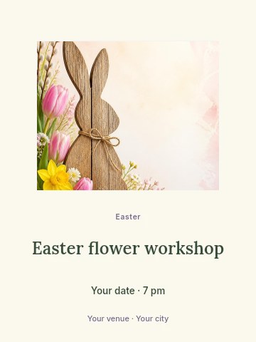 Wooden Easter bunny with spring flowers in Easter flower workshop invitation template