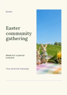 Easter picnic setup with bunny figures and eggs in Easter community gathering · Split portrait