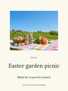 Easter picnic setup with bunny figures and eggs in Easter garden picnic · Picture window