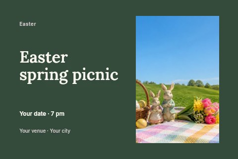 Easter picnic setup with bunny figures and eggs in Easter spring picnic postcard template