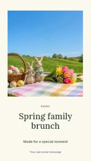 Easter picnic setup with bunny figures and eggs in Spring family brunch · Quiet photo gallery