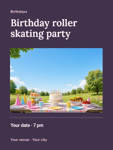Outdoor pastel birthday party table setup in Birthday roller skating party invitation template