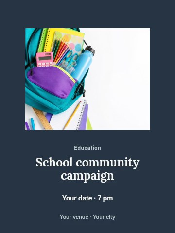 Colorful school supplies and backpack in School community campaign invitation template