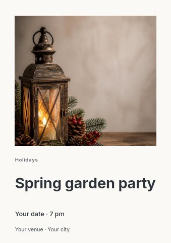 Rustic holiday lantern with pine and berries in Spring garden party flyer template