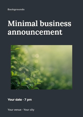Dew-covered spider web on green shrub in Minimal business announcement flyer template