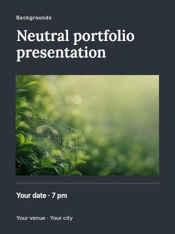 Dew-covered spider web on green shrub in Neutral portfolio presentation invitation template