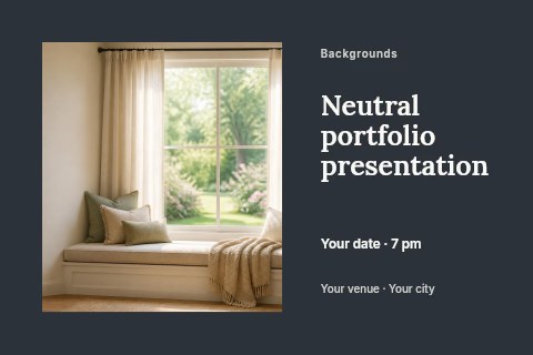 Cozy window seat with neutral cushions in Neutral portfolio presentation postcard template