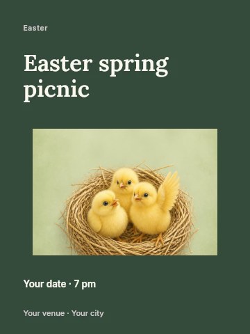 Three yellow chicks in a nest in Easter spring picnic invitation template