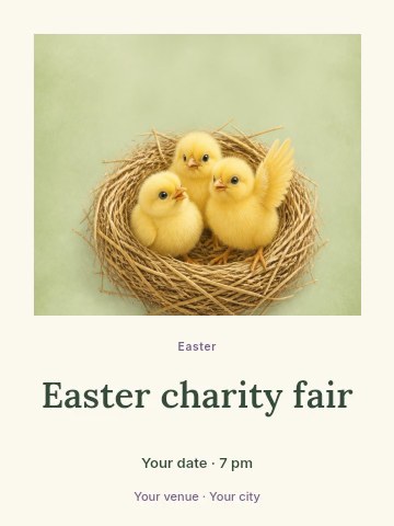 Three yellow chicks in a nest in Easter charity fair poster template