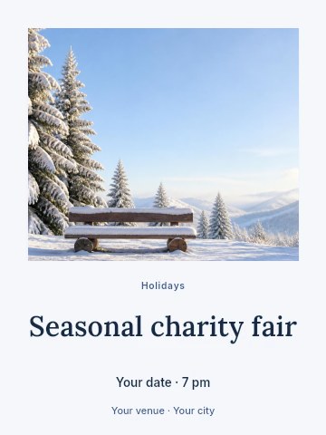 Snow-covered bench in winter mountain landscape in Seasonal charity fair invitation template