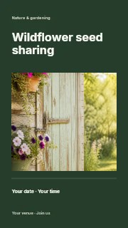 Rustic garden shed with blooming flowers in Wildflower seed sharing instagram story · Title & photograph