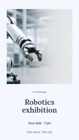 Industrial robotic arm in manufacturing in Robotics exhibition instagram story template