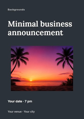 tropical beach sunset with palm trees in Minimal business announcement flyer template