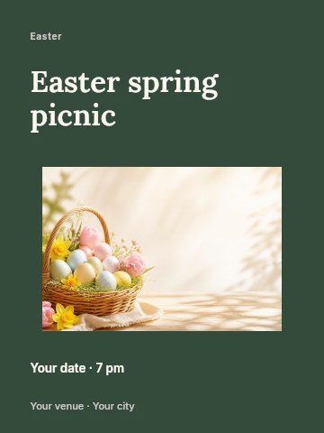 Easter basket with pastel eggs and flowers in Easter spring picnic invitation template