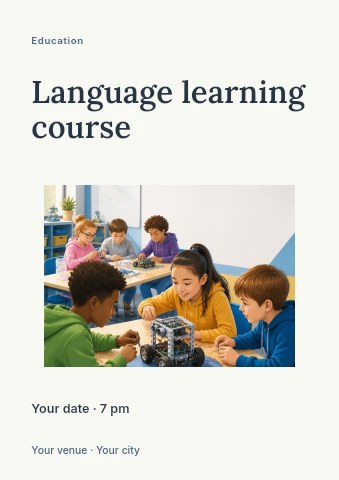 Children building robots in classroom in Language learning course flyer template