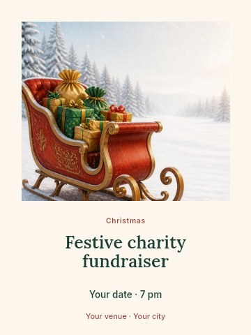 Festive red sleigh loaded with wrapped gifts in Festive charity fundraiser invitation template