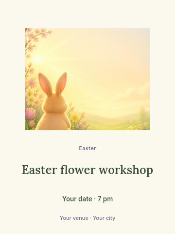 Easter bunny amid spring flowers at sunrise in Easter flower workshop invitation template