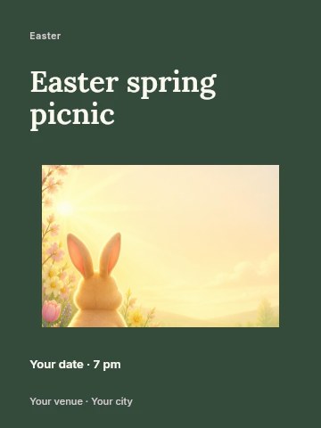 Easter bunny amid spring flowers at sunrise in Easter spring picnic poster template