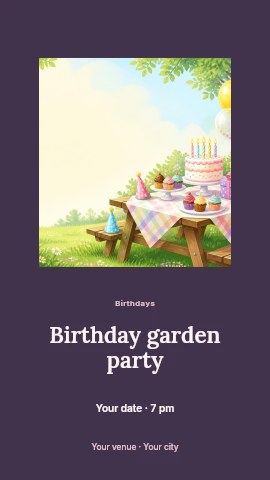 Outdoor birthday party picnic table setup in Birthday garden party instagram story template
