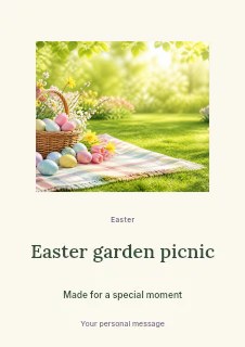 Easter eggs and flowers picnic basket in Easter garden picnic · Picture window