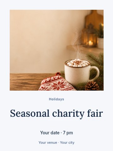 Warm winter hot chocolate with marshmallows in Seasonal charity fair invitation template