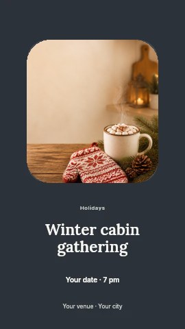 Warm winter hot chocolate with marshmallows in Winter cabin gathering instagram story template