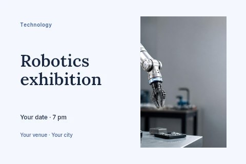 Industrial robotic arm on metal table in Robotics exhibition postcard template