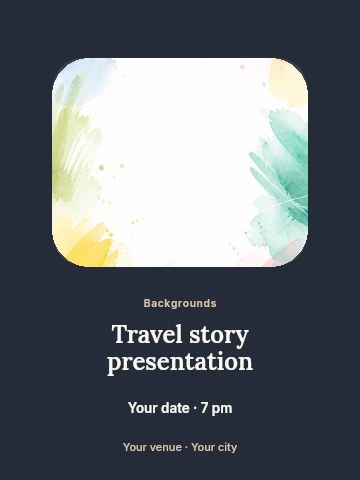 Colorful abstract watercolor background in Travel story presentation invitation template