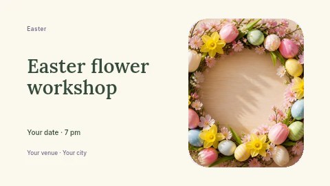 Easter wreath with spring flowers and eggs in Easter flower workshop banner template
