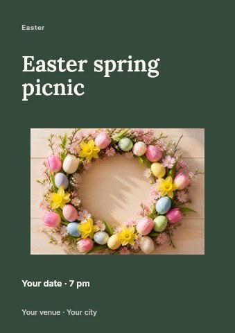 Easter wreath with spring flowers and eggs in Easter spring picnic flyer template