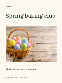 Colorful Easter eggs basket on wood in Spring baking club · Title & photograph