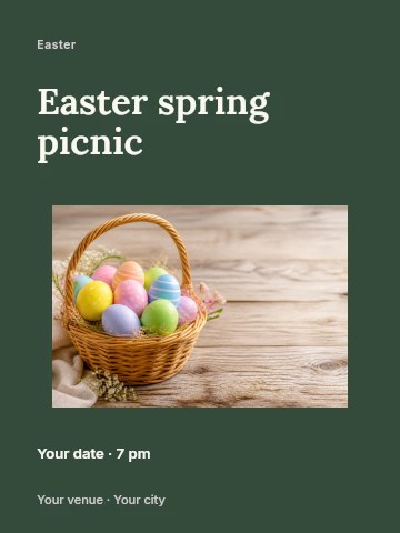 Colorful Easter eggs basket on wood in Easter spring picnic poster template