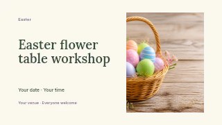 Colorful Easter eggs basket on wood in Easter flower table workshop presentation cover · Horizontal photo dialogue