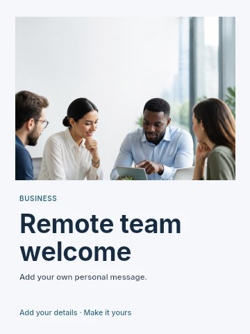 Diverse business team collaborating in office in Remote team welcome greeting card template