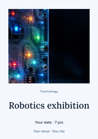 Close-up of illuminated circuit board in Robotics exhibition flyer template