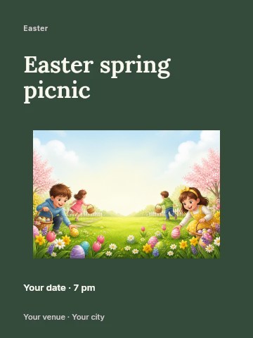 Children enjoying colorful Easter egg hunt in Easter spring picnic poster template