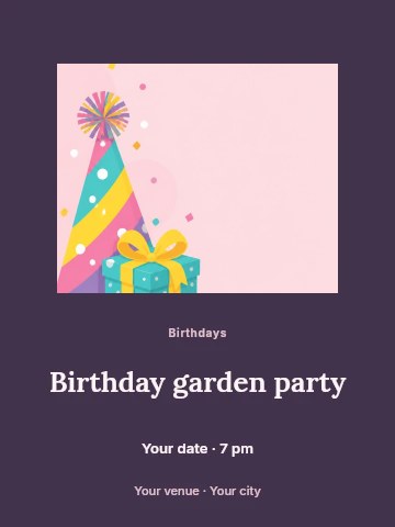 Colorful Party Hat and Gift Box in Birthday garden party poster template