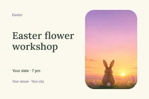 Rabbit Sitting in a Flower Field at Sunset in Easter flower workshop postcard template