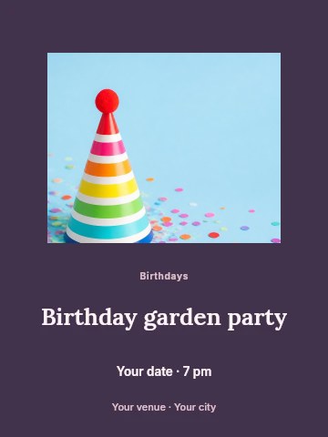 Striped party hat with confetti on blue in Birthday garden party invitation template