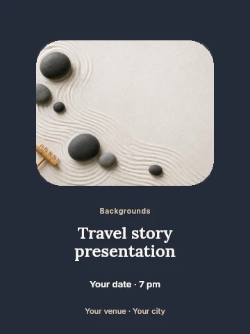 Zen garden stones and sand patterns in Travel story presentation poster template