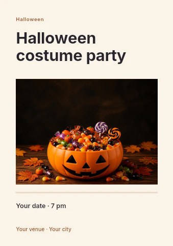 Jack-o-lantern bowl filled with Halloween candy in Halloween costume party flyer template