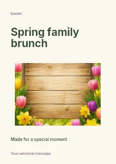 Wooden sign with tulips and Easter eggs in Spring family brunch · Modern programme