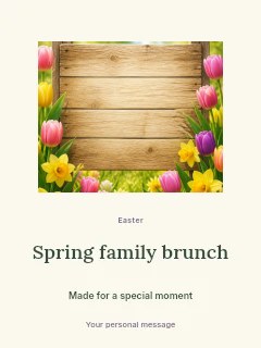 Wooden sign with tulips and Easter eggs in Spring family brunch · Picture window